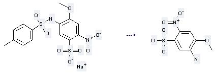 Benzenesulfonic acid,5-amino-4-methoxy-2-nitro-, sodium salt (1:1) can be prepared by 3-(N-p-toluenesulfonamido)-4-methoxy-6-nitrobenzensulfonic acid sodium salt when it is heated